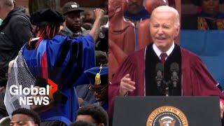 University protests College grads turn backs to Biden wear keffiyehs during commencement address