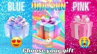 Choose your gift  3 gift box challenge 2 good and one bad Blue Unicorn & Pink #choosebox