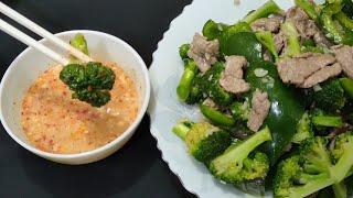 Stir Fried Beef and Vegetables with Spicy Tofu Dipping Sauce - Khmer Cooking Food