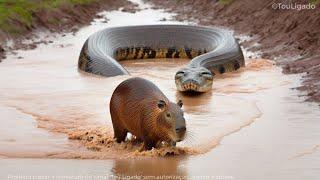 COBRA GIGANTE ATACA CAPIVARA NA ÁGUA E A DEVORA.