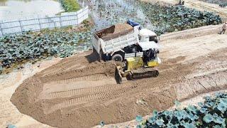 Unbelievable project Skillful Komatsu Bulldozer D20A pushing soil & 5T dump truck for making roads