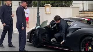 Charles Leclerc arriving in a Ferrarri at the restaurant in Monaco