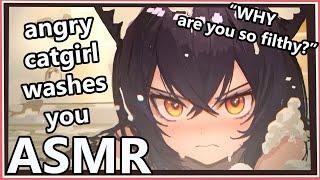 Tsundere Catgirl bathes you  ASMR  roleplay water sounds soapy