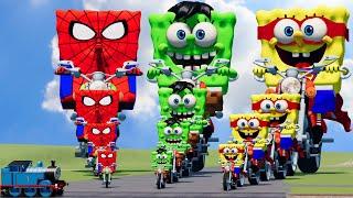 Big & Small SpongeBob SpiderMan vs Hulk vs Superman on a motorcycle vs Trains  BeamNG.Drive