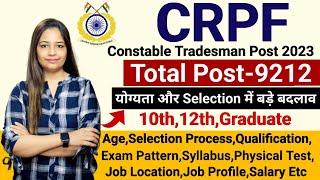 CRPF TRADESMAN VACANCY 2023  CRPF BHARTI SYLLABUS AGE SALARYSELECTION PROCESSNOTIFICATION 2023