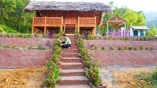 Building Long Stairs with Bricks and Plant Decorative FlowersVillage Girl Alone Build Log Cabin