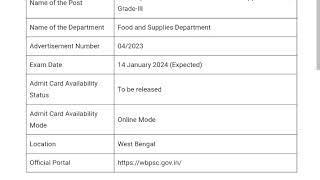 WBPSC Food SI Admit Card 2023 Exam Date & Details