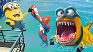 GTA 5 Spiderman vs Minions vs MINION SHARK  Water Ragdolls Flooded Los Santos Euphoria Physics