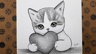 Easy How To Draw Cat Holding Heart Step by Step Pencil Charcoal Drawings Easy