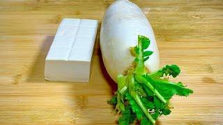 White radish is paired with a piece of tofu. Let me teach you a new way to make it. My family doesn