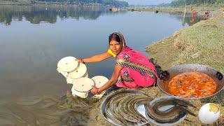 Big bami fish catching by river New fishing technique in villageFish curry cooking&eating in river