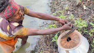 হাত দিয়ে মাটি খুরে বিশাল কুইচ্চা শিকার A village man eel catching in pond by hand