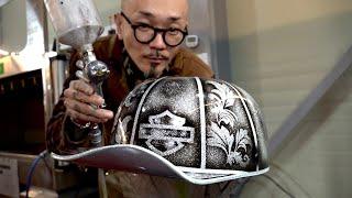 Water Transfer Printing Process of Making a Helmet in Korea Factory.