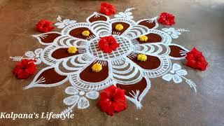 Margazhi Matham special3flowers padi Kollam Beautiful Rangoli Easy Rangoli pandaga muggulu