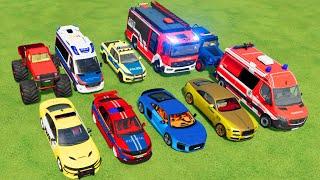 TRANSPORTING CARS AMBULANCE POLICE CARS FIRE TRUCK MONSTER TRUCK OF COLORS WITH TRUCKS - FS 22