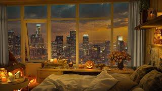 4K Cozy Bedroom With A Night View Of Los Angeles In Heavy Rain - Jazz Music for Relax and Study