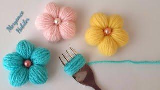 Çatalla Puf Çiçeği Yapılışı  Super Easy Woolen Flower making with Fork