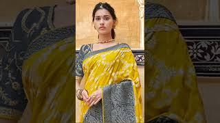 YELLOW AND GREY WOVEN BANARASI GEORGETTE SAREE WITH EMBROIDERED BLOUSE.Order for WhatsApp 8851280840