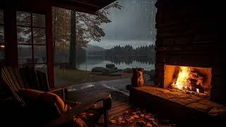 Heavy Rain Falling in Cozy Cabin with a Cozy fireplace helps to Fall Asleep and Relaxing