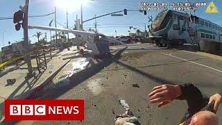 Near-miss for pilot saved from downed plane hit by train - BBC News