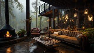 Cozy Cabin Balcony on Rainy Day Ambience - Smooth Piano Jazz Music for Relax Stress Relief ️