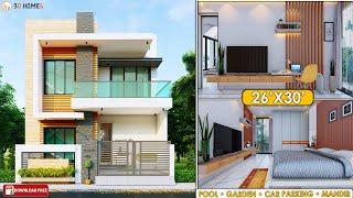 HOME DESIGN 3D - 26x30  BUDGET 15-18 LAKH  TERRACE GARDEN  SWIMMING POOL  PARKING  TEMPLE