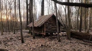 building a bushcraft log cabin alone in the forest