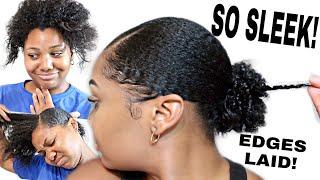 SLEEK LOW PUFF & LAID EDGES on Transitioning Hair easy method that works