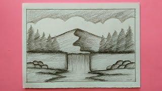 Cara Menggambar Pemandangan Air Terjun - Pencil Drawing