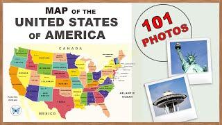 50 States of the USA. Map with state capitals flags seals largest citieswith photosGeography#06