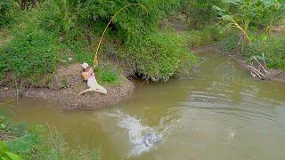 Fishing. Amazed Beautiful Girl Big Fishing With Hook