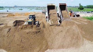 Update project Ep2 Bulldozer Shantui DH17c2 pushing sand & 25Ton dump truck unloading for landfill