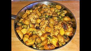 One Skillet Garlic Lemon Chicken With Potatoes & Brussels Sprouts