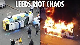 Major riot rocks Leeds as huge gang of thugs torch bus and flip cop car in night of shame