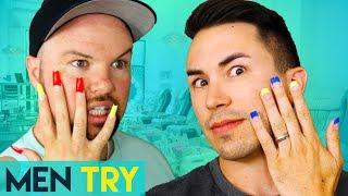 Men Try Applying Fake Nails