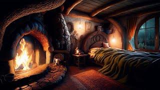 Cozy Hobbit Bedroom - Relaxing Fireplace with Soothing Rainfall Sounds  rain on roof  Deep Sleep