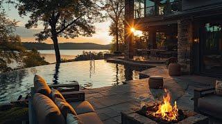 Cozy Lake House with Crackling Fire and Lake Waves Sounds for Meditation and Stress Relief