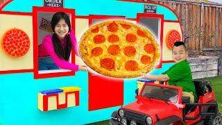 Maddie Jannie & Friends Run Their Own Pizza Drive Thru Restaurant Creative and Fun Pretend Play
