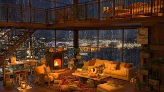 Relaxing Jazz Music with a Seattle Night View ️ Cozy Mezzanine in Rain of Wooden House Ambience