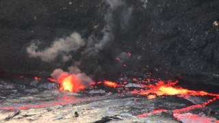 Drum of water into Erta Ale lava lake