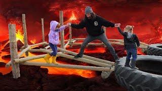 PUMPKiN CASTLE Slide  &  Hot Lava obstacle course Family Halloween tradition & floor is lava game