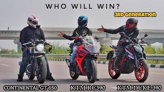 2024 Duke 390 vs RE Continental GT 650 Vs KTM RC390  Which Is Fastest?