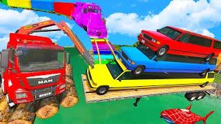 Long Cars and Fat Cars with Slide Color - Truck Rescue Long Cars with Deep Water - BeamNG.Drive