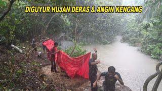 hit by heavy rain a group of people camping on the edge of the fishing river relaxing rain sound