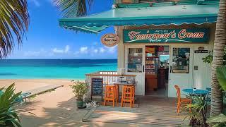 Outdoor Seaside Coffee Shop Ambience with Positive Bossa Nova Jazz Music & Crashing Waves for Relax