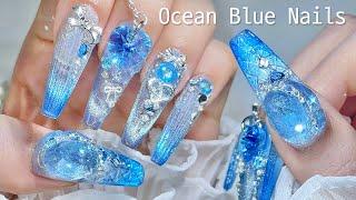 Nail ASMR  Ocean Blue Nails  How to Create Glass Cup Art Nail Extensions