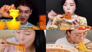 MUKBANG ASMR   Spicy noodles mushrooms octopus pizza