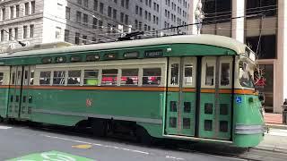 Muni F- Line Streetcar 1058 Chicago @ Market St & Beale St San Francisco California Slow Motion