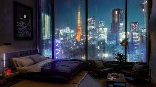 A Luxury Tokyo Hotel Room  Rain Wind and Thunder sounds For Sleeping  4K  8Hrs