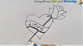 Love Heart with Rose Flower Drawing  Pencil